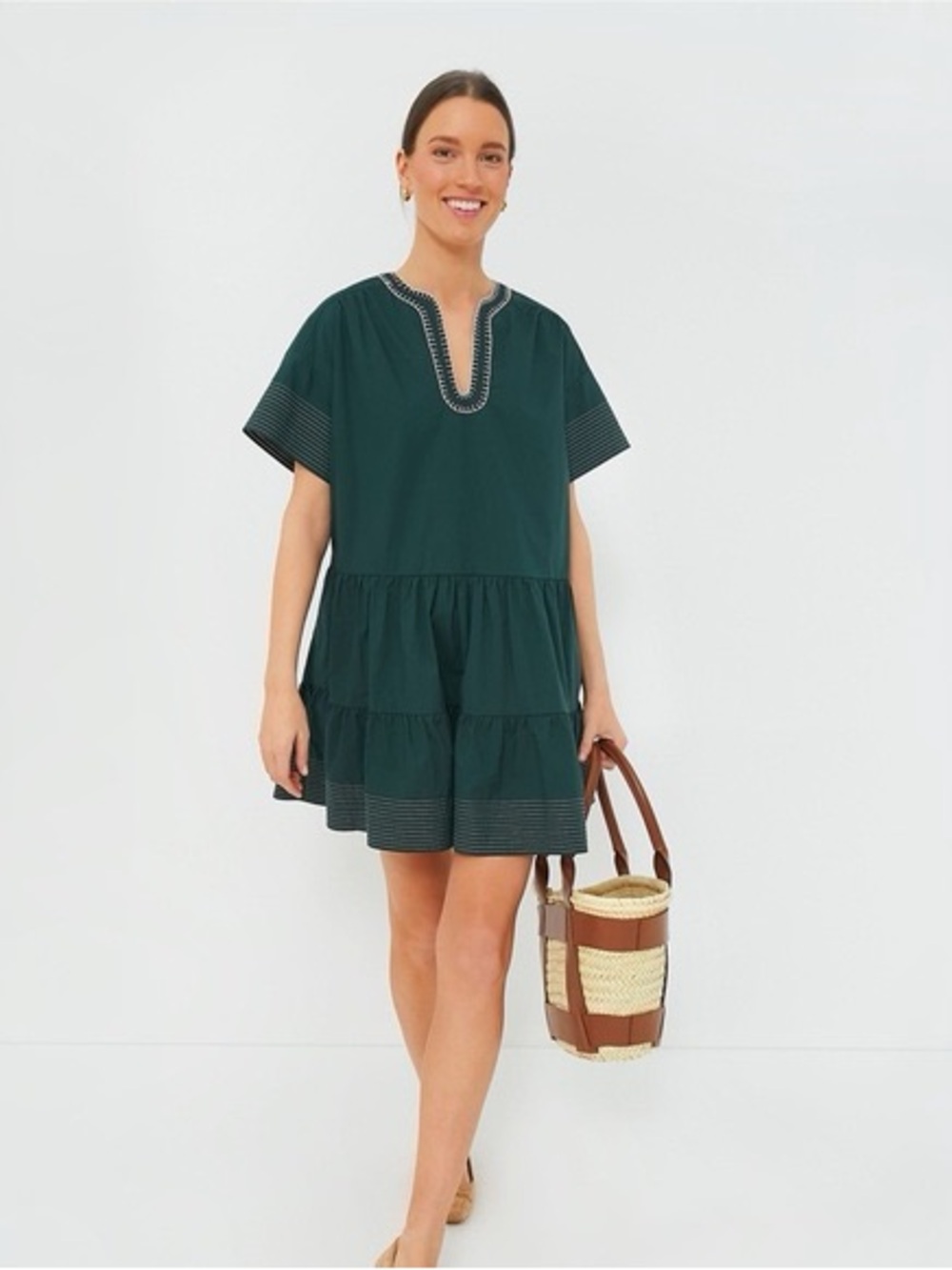 Pomander Place Dark Green Tiered Mini Dress with Striped Trim